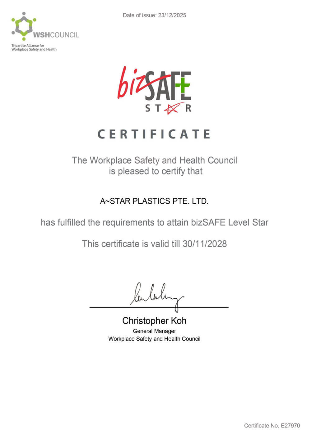 BizSAFE STAR Certificate