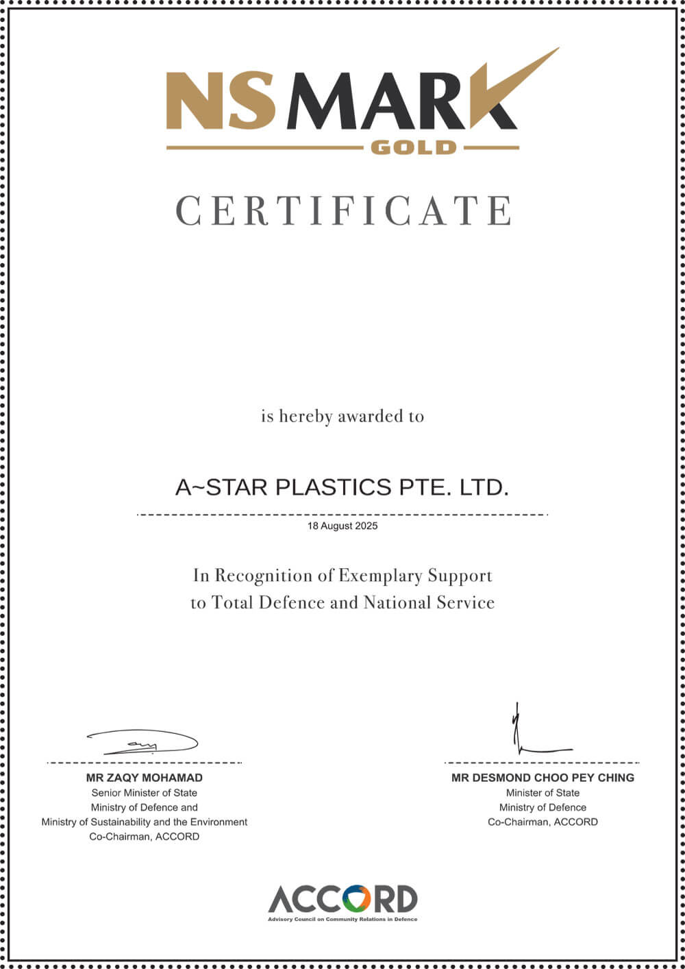 NS MARK Gold Certificate